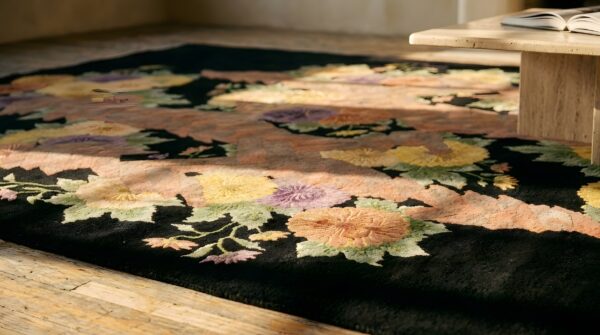 Wool hand knotted pile 1920s floral medallion antique black rectangle rug 8 Wool hand knotted pile 1920s floral medallion antique black rectangle rug (sku 25629) - in-room detail