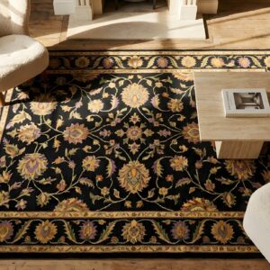 Wool Hand Knotted Pile 1920s Floral Medallion Antique Black Rectangle Rug (SKU 25629) - styled overhead view