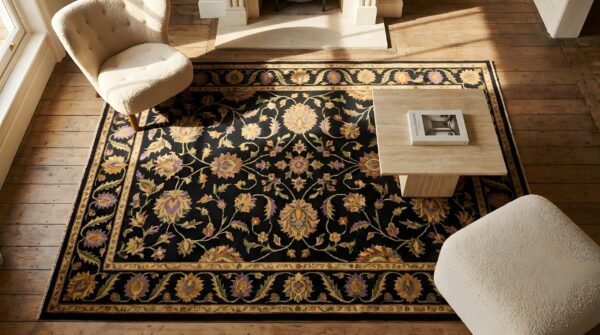 Wool hand knotted pile 1920s floral medallion antique black rectangle rug 2 Wool hand knotted pile 1920s floral medallion antique black rectangle rug (sku 25629) - styled overhead view