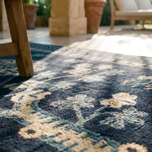 1920s Floral Medallion Blue Rectangle Antique Wool Hand Knotted Pile Rug (SKU 23231) - in-room detail
