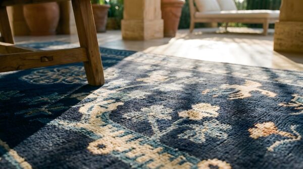 1920s floral medallion blue rectangle antique wool hand knotted pile rug 9 1920s floral medallion blue rectangle antique wool hand knotted pile rug (sku 23231) - in-room detail