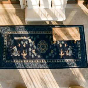 1920s Floral Medallion Blue Rectangle Antique Wool Hand Knotted Pile Rug (SKU 23231) - styled overhead view