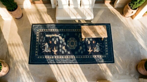 1920s floral medallion blue rectangle antique wool hand knotted pile rug 2 1920s floral medallion blue rectangle antique wool hand knotted pile rug (sku 23231) - styled overhead view
