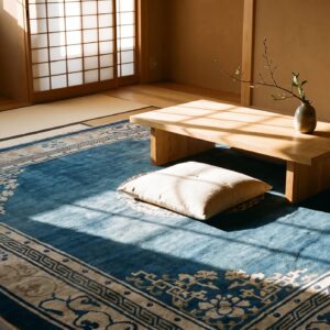 1920s Floral Medallion Wool Antique Hand Knotted Blue Square Rug (SKU 25723) - room view