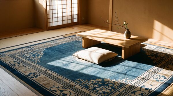 1920s floral medallion wool antique hand knotted blue square rug (sku 25723) - room view