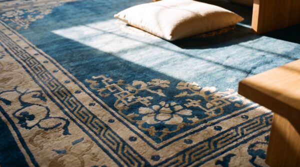 1920s floral medallion wool antique hand knotted blue square rug (sku 25723) - in-room detail