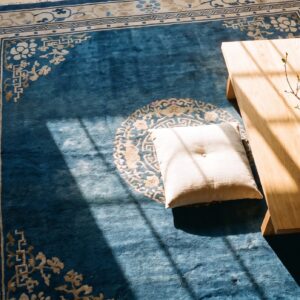 1920s Floral Medallion Wool Antique Hand Knotted Blue Square Rug (SKU 25723) - styled overhead view