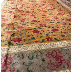 1920s Gold Field Floral Antique Chinese Art Deco Knotted Wool Wide Gallery Rug