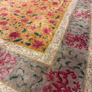 1920s Gold Field Floral Antique Chinese Art Deco Knotted Wool Wide Gallery Rug - detail view 2
