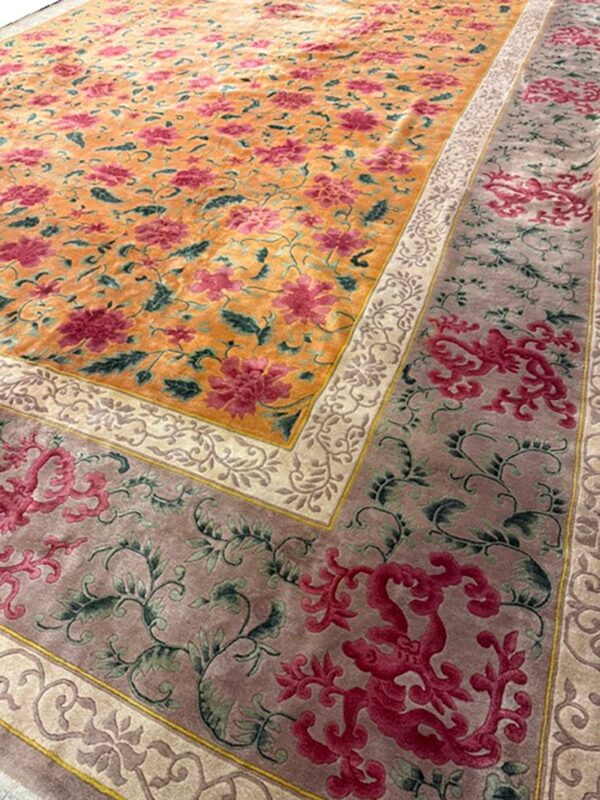 1920s gold field floral antique chinese art deco knotted wool wide gallery rug 3 1920s gold field floral antique chinese art deco knotted wool wide gallery rug - detail view 2