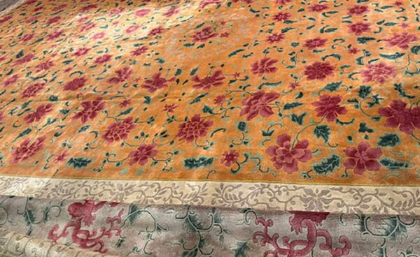 1920s gold field floral antique chinese art deco knotted wool wide gallery rug 5 1920s gold field floral antique chinese art deco knotted wool wide gallery rug - detail view 4