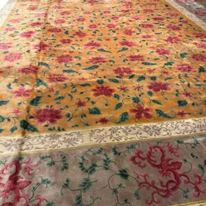 1920s Gold Field Floral Antique Chinese Art Deco Knotted Wool Wide Gallery Rug - detail view 7