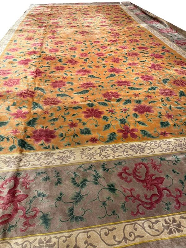 1920s gold field floral antique chinese art deco knotted wool wide gallery rug 8 1920s gold field floral antique chinese art deco knotted wool wide gallery rug - detail view 7