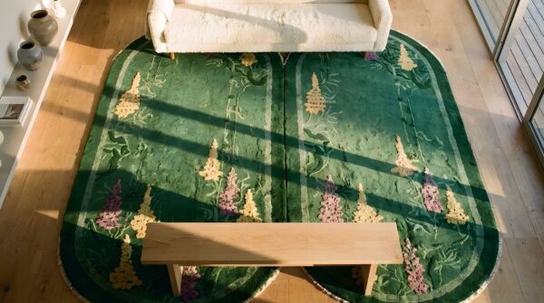1920s knotted antique green chinese - art deco small scatter size wool rectangleval rug 2 1920s knotted antique green chinese - art deco small scatter size wool rectangleval rug (sku 25842) - styled overhead view