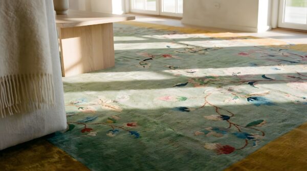 Antique wool 1920s green rectangle hand knotted pile rug 9 Antique wool 1920s green rectangle hand knotted pile rug (sku 25214) - in-room detail