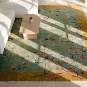 Antique Wool 1920s Green Rectangle Hand Knotted Pile Rug (SKU 25214) - styled overhead view