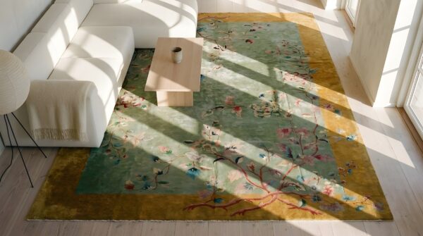 Antique wool 1920s green rectangle hand knotted pile rug 2 Antique wool 1920s green rectangle hand knotted pile rug (sku 25214) - styled overhead view