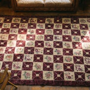 1920s Wool Hooked Antique Allover Geometric American Ivory Beige Cream White Rug (SKU 17788) - styled overhead view