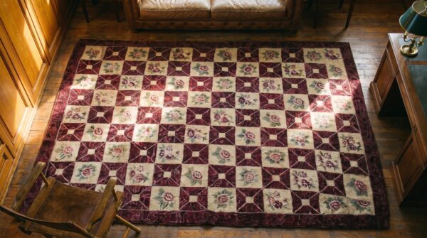 1920s wool hooked antique allover geometric american ivory beige cream white rug 2 1920s wool hooked antique allover geometric american ivory beige cream white rug (sku 17788) - styled overhead view