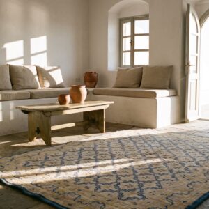 Hand Knotted Pile 1920s Ivory Beige Cream White Cotton Allover Geometric Rectangle Antique Rug (SKU 21038) - room view