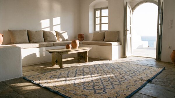 Hand knotted pile 1920s ivory beige cream white cotton allover geometric rectangle antique rug 10 Hand knotted pile 1920s ivory beige cream white cotton allover geometric rectangle antique rug (sku 21038) - room view