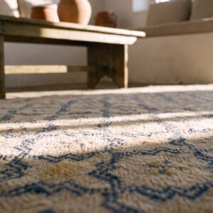 Hand Knotted Pile 1920s Ivory Beige Cream White Cotton Allover Geometric Rectangle Antique Rug (SKU 21038) - in-room detail
