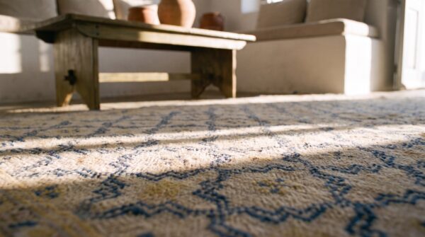 Hand knotted pile 1920s ivory beige cream white cotton allover geometric rectangle antique rug 11 Hand knotted pile 1920s ivory beige cream white cotton allover geometric rectangle antique rug (sku 21038) - in-room detail