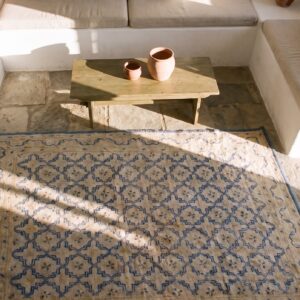 Hand Knotted Pile 1920s Ivory Beige Cream White Cotton Allover Geometric Rectangle Antique Rug (SKU 21038) - styled overhead view