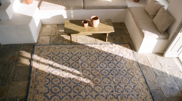 Hand knotted pile 1920s ivory beige cream white cotton allover geometric rectangle antique rug 2 Hand knotted pile 1920s ivory beige cream white cotton allover geometric rectangle antique rug (sku 21038) - styled overhead view