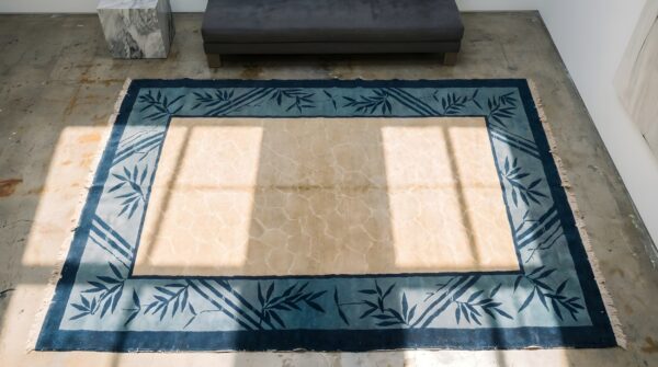 Wool 1920s hand knotted pile ivory beige cream white floral antique rectangle rug 2 Wool 1920s hand knotted pile ivory beige cream white floral antique rectangle rug (sku 23095) - styled overhead view