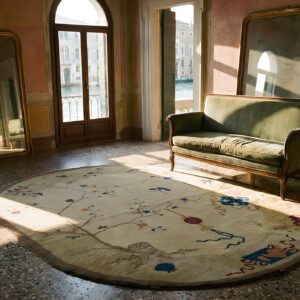 Antique 1920s Ivory Beige Cream White Oval Hand Knotted Wool Deco Chinese Rug (SKU 23776) - room view