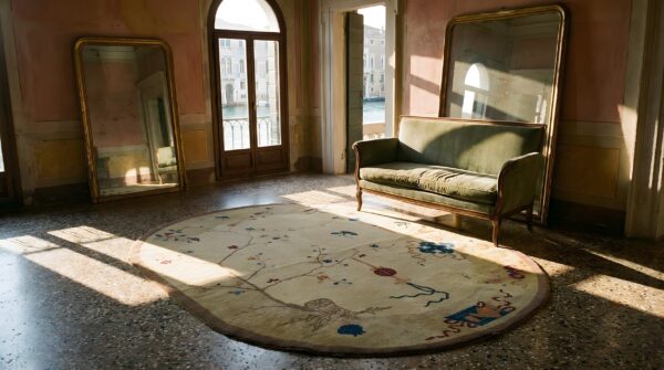 Antique 1920s ivory beige cream white oval hand knotted wool deco chinese rug 8 Antique 1920s ivory beige cream white oval hand knotted wool deco chinese rug (sku 23776) - room view