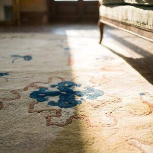 Antique 1920s Ivory Beige Cream White Oval Hand Knotted Wool Deco Chinese Rug (SKU 23776) - in-room detail