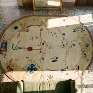 Antique 1920s Ivory Beige Cream White Oval Hand Knotted Wool Deco Chinese Rug (SKU 23776) - styled overhead view