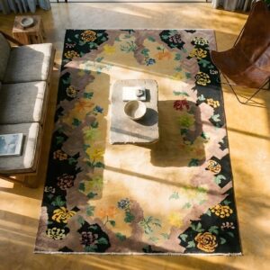 1920s Antique Ivory Beige Cream White Rectangle Wool Hand Knotted Pile Rug (SKU 24098) - styled overhead view