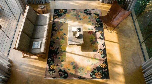 1920s antique ivory beige cream white rectangle wool hand knotted pile rug 2 1920s antique ivory beige cream white rectangle wool hand knotted pile rug (sku 24098) - styled overhead view