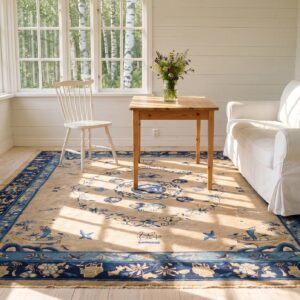 1920s Ivory Beige Cream White Hand Knotted Pile Rectangle Floral Medallion Wool Antique Rug (SKU 23416) - room view