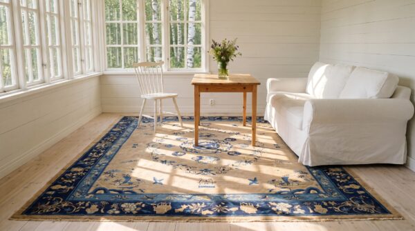 1920s ivory beige cream white hand knotted pile rectangle floral medallion wool antique rug 8 1920s ivory beige cream white hand knotted pile rectangle floral medallion wool antique rug (sku 23416) - room view