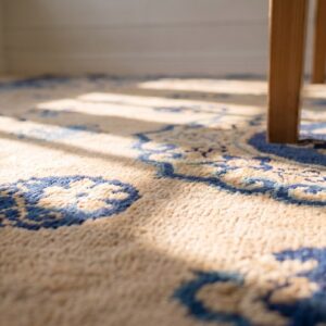 1920s Ivory Beige Cream White Hand Knotted Pile Rectangle Floral Medallion Wool Antique Rug (SKU 23416) - in-room detail