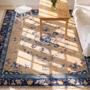 1920s Ivory Beige Cream White Hand Knotted Pile Rectangle Floral Medallion Wool Antique Rug (SKU 23416) - styled overhead view
