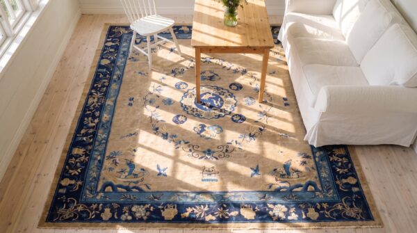 1920s ivory beige cream white hand knotted pile rectangle floral medallion wool antique rug 2 1920s ivory beige cream white hand knotted pile rectangle floral medallion wool antique rug (sku 23416) - styled overhead view