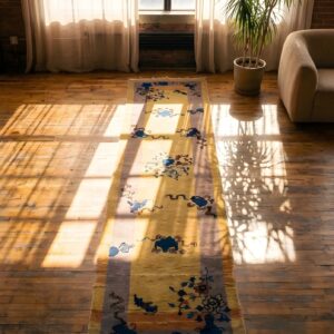 1920s Antique Ivory and Beige Floral Wool Hand-Knotted Hallway Runner Rug (SKU 22964) - styled overhead view
