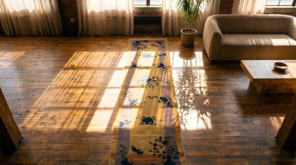 1920s antique ivory and beige floral wool hand-knotted hallway runner rug 2 1920s antique ivory and beige floral wool hand-knotted hallway runner rug (sku 22964) - styled overhead view