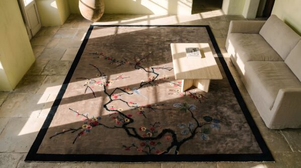 Knotted 1920s ivory chinese - art deco rectangle room size wool antique rug 2 Knotted 1920s ivory chinese - art deco rectangle room size wool antique rug (sku 22777) - styled overhead view