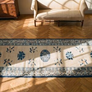 Antique 1920s Ivory Chinese Peking Wool Hallway Runner Rug (SKU 23250) - styled overhead view