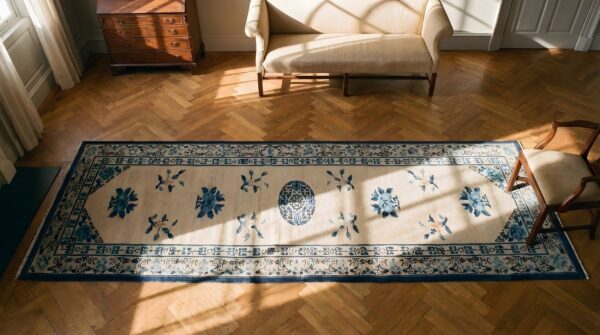Antique 1920s ivory chinese peking wool hallway runner rug (sku 23250) - styled overhead view