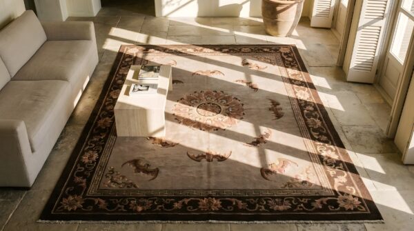 1920s knotted ivory chinese wool rectangle antique - peking small scatter size rug 2 1920s knotted ivory chinese wool rectangle antique - peking small scatter size rug (sku 23183) - styled overhead view