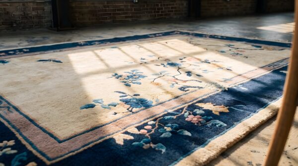 1920s ivory small scatter size rectangle chinese wool antique knotted - art deco rug (sku 22295) - in-room detail