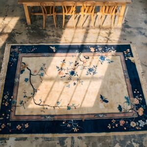 1920s Ivory Small Scatter Size Rectangle Chinese Wool Antique Knotted - Art Deco Rug (SKU 22295) - styled overhead view