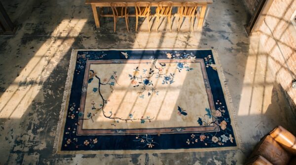 1920s ivory small scatter size rectangle chinese wool antique knotted - art deco rug (sku 22295) - styled overhead view